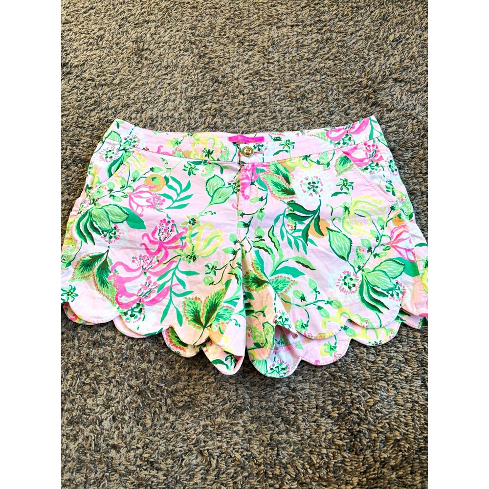 Lilly Pulitzer Women's Chino Shorts 12 Pink Green Floral Scalloped